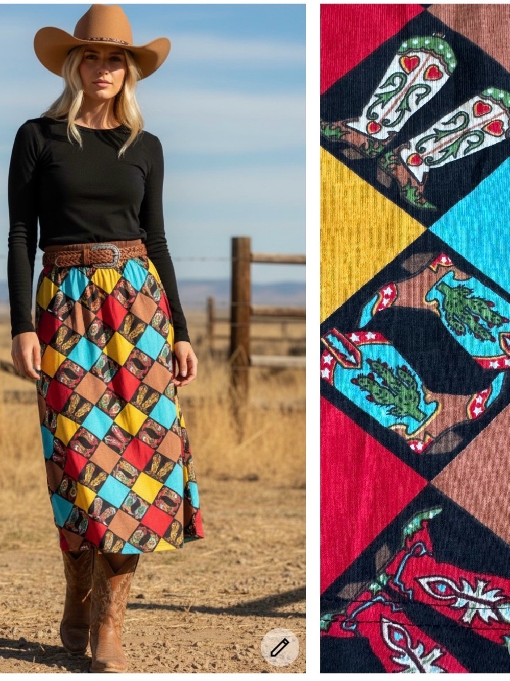 Bob Mackie Maxi Skirt Size M Wearable Art Texas Cowboy Boots Print Rodeo
